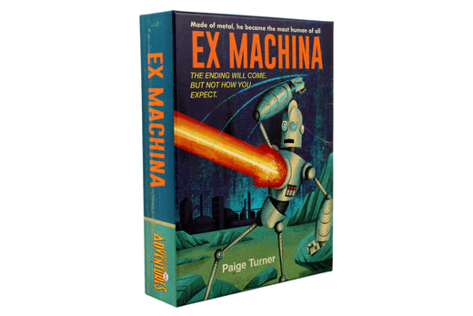 An image of the Ex Machina character box for Paperback Adventures. Made of metal, he became the most human of all. On the cover a robot is firing a massive laser.
